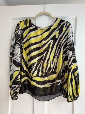 Sheer Lime and Black Zebra-Print Balloon-Sleeve Blouse